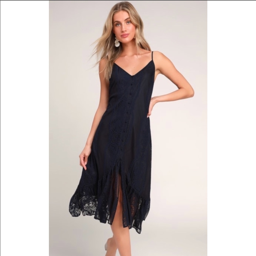 Lulu’s Zahria Navy Lace Button Front Midi Dress